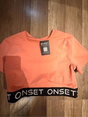 Onset Coral Short-Sleeve Crop Top with Branded Hem